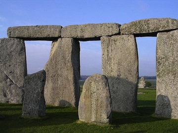 Interior of the sarsen circle at Stonehenge with bluestones in the foreground