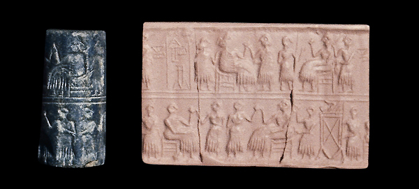 Photograph of a stone cylinder seal (left) and clay impression (right)