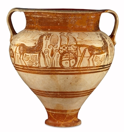 Pottery stemmed bowl decorated with a procession of riders in chariots